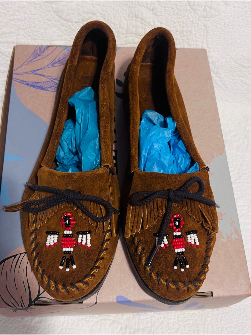 Minnetonka Brown Suede Beaded Thunderbird Moccasins
